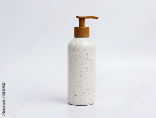 White Speckled Pump Bottle with Wooden Top on White Background   Minimalist Eco Packaging photo