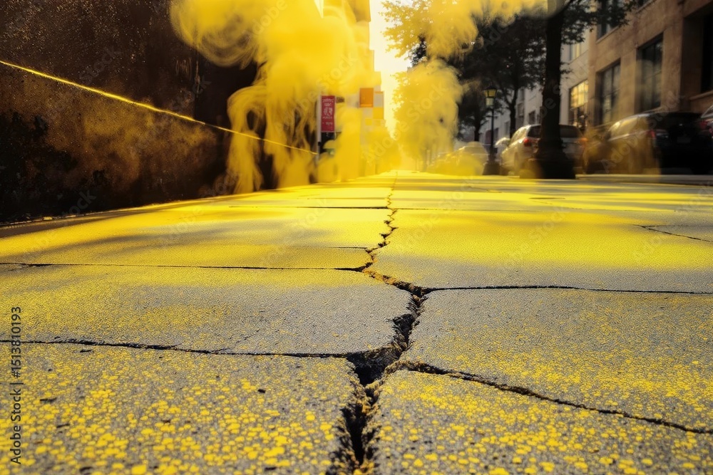 Fototapeta premium Urban Pavement Covered in Vivid Yellow, Cracks and Cars Blurred