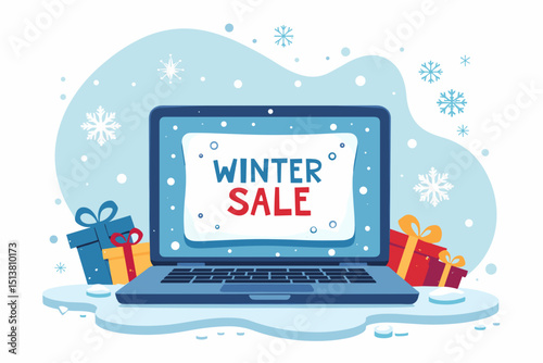Laptop displaying winter sale promotion with colorful gifts and snowflakes