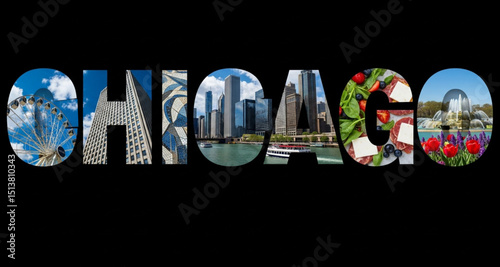 Chicago Text Image with City Skyline, Architecture, Food and Millennium Park | Chicago Landmark Collage for Travel Marketing, Tourism Promotion and Souvenir Design