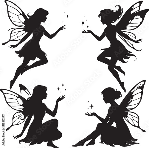 Fairy Silhouette Vector Set – Mystical & Elegant Fairies in Graceful Poses for Fantasy & Magical Design Projects