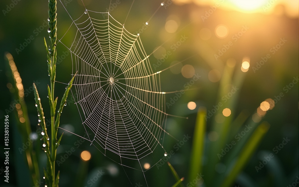 Naklejka premium Intricate Spiderweb with Morning Dew Droplets. High quality