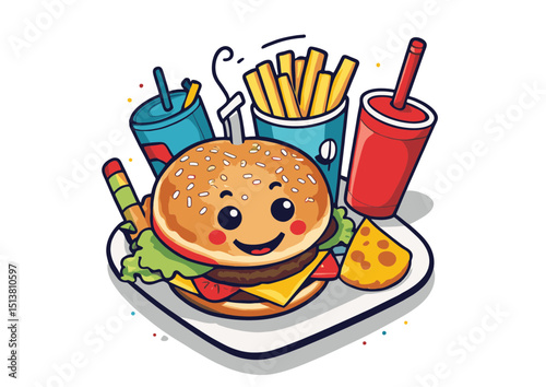 Delicious Cartoon Burger Meal  A Fun Illustration of Fast Food