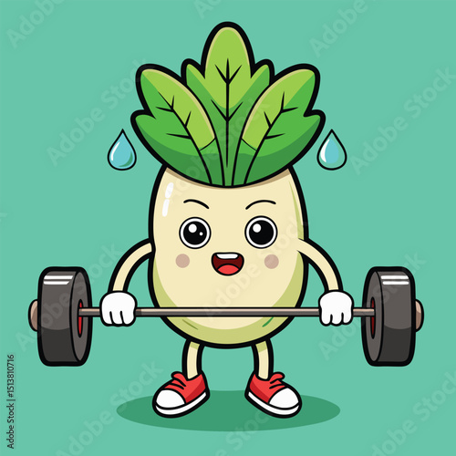 Cartoon radish character lifting weights promoting healthy lifestyle and exercise in a funny way