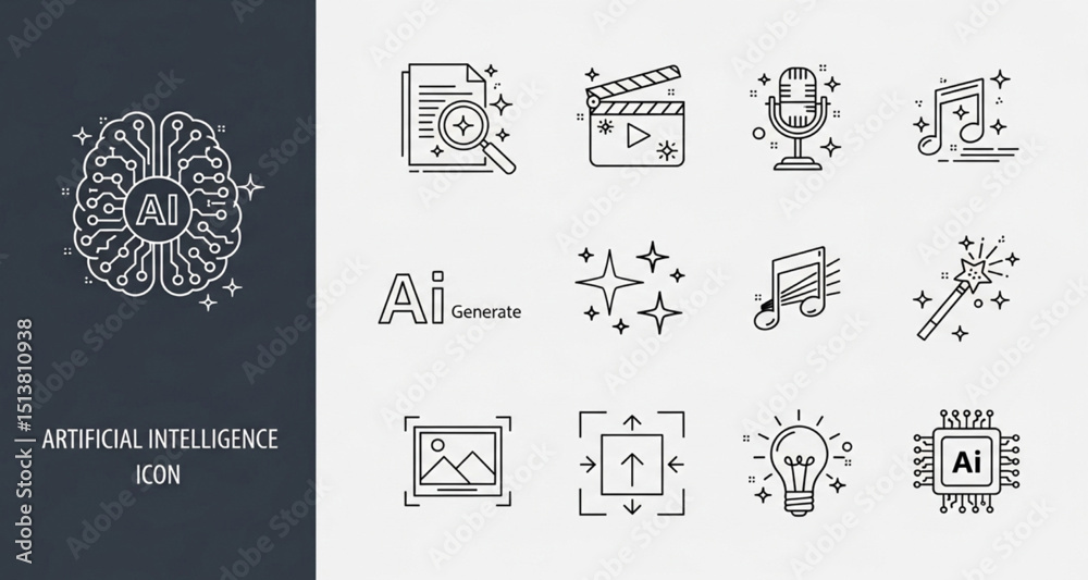 Fototapeta premium Artificial Intelligence Outline Icon Set | Modern Minimalist AI Graphic Design Elements for Web and App Interfaces, Technology Presentations