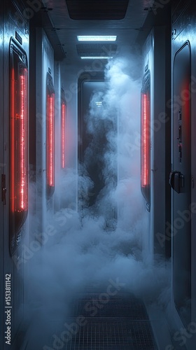 Futuristic corridor filled with dense fog.