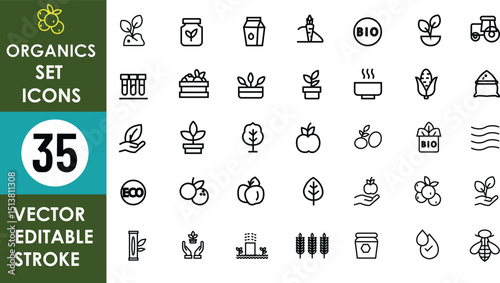 This image displays 35 vector line icons themed around organic farming, including plants, leaves, fruits, bees, jars, labels (BIO, ECO), and gardening tools