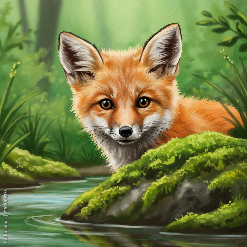 Fototapeta premium Adorable Baby Fox Peeking – Watercolor Woodland Animal Art