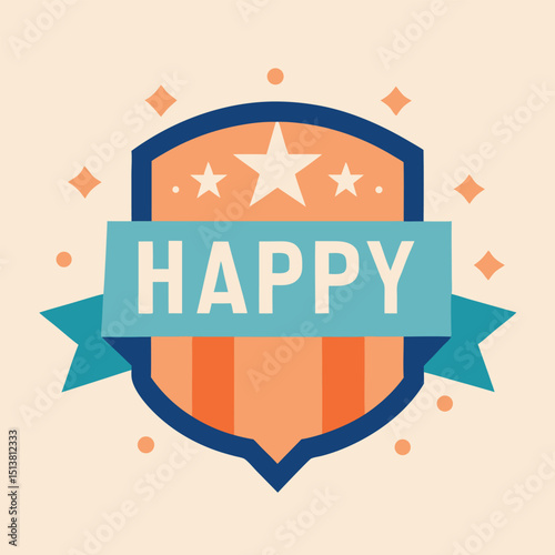 A vibrant illustration of a happy badge with stars and ribbons