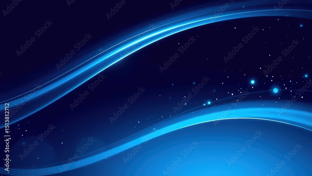 Obraz premium Abstract digital art of curved light trails and scattered particles on a dark blue gradient background