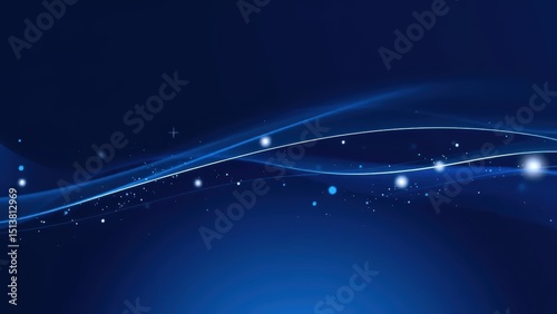 Abstract digital art of curved light trails and scattered particles on a dark blue gradient background