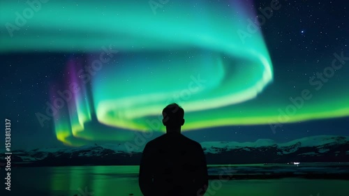 Silhouette of man near glowing aurora
