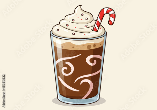 Chocolate beverage with whipped cream and candy cane straw