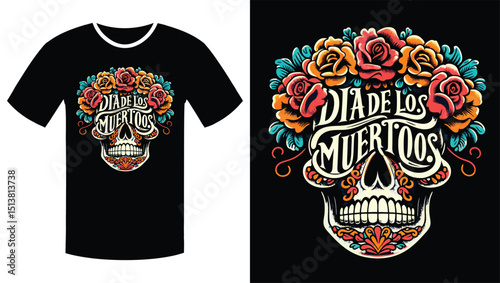 Floral Skull with Vibrant Orange Script: A Día de los Muertos Illustration T Shirt