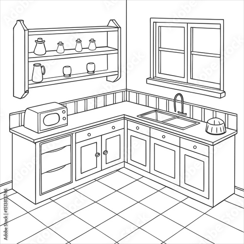 Hand-Drawn Kitchen Interior with Cabinets and Appliances – Line Art Illustration


