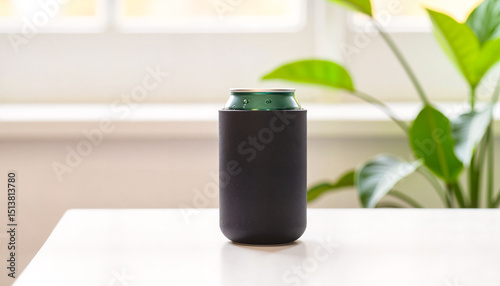 Beverage insulator on wooden table with out-of-focus foliage
