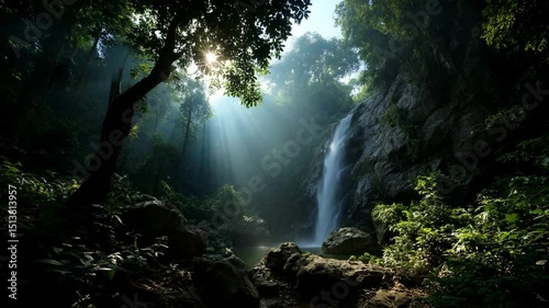 Wallpaper Mural Mystic Waterfall in the Deep Forest: A breathtaking view of a cascading waterfall in a pristine forest, where sunbeams dance through the canopy, crafting an atmosphere of serenity.  Torontodigital.ca