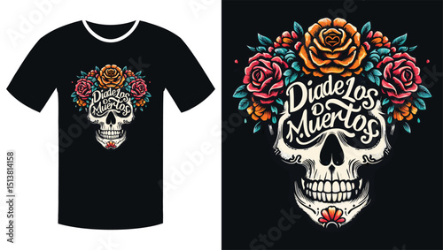 Floral Skull with Vibrant Orange Script: A Día de los Muertos Illustration T Shirt