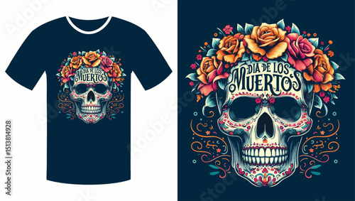 Floral Skull with Vibrant Orange Script: A Día de los Muertos Illustration T Shirt