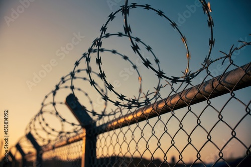 Chain link fence topped with razor wire silhouetted against vibrant sunset sky with dramatic lighting