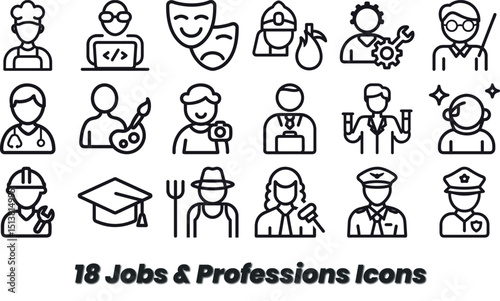 Diverse Set of Job and Profession Icons Representing Various Careers and Occupations