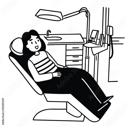A woman lies on a dental chair in a clinic with a lamp.
