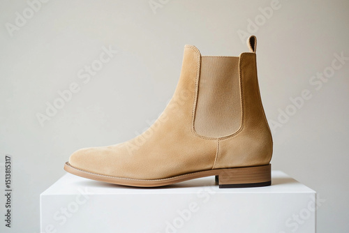 Beige Chelsea Boots Side View on White Surface – High Resolution Detailed Photography


