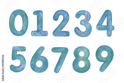 Hand painted watercolor blue numbers 0-9 isolated on a white background.