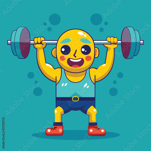 Cheerful cartoon character successfully lifting weightlifting barbell for strength and fitness training