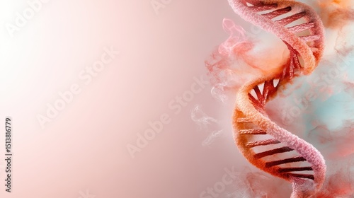A stunning representation of a colorful DNA double helix, intertwined with swirling smoke, symbolizing life, genetics, and the complexity of biological existence.