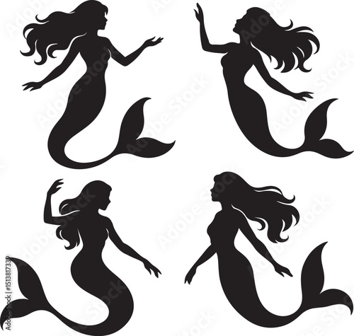 Mermaid Silhouette Vector Set – Elegant Fantasy Ocean-Themed Designs for Magical & Nautical Projects