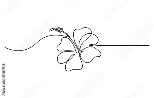 Hibiscus flower in  continuous one line art drawing style. Floral abstract symbol in simple linear style. Minimalist black line sketch isolated on white background.
