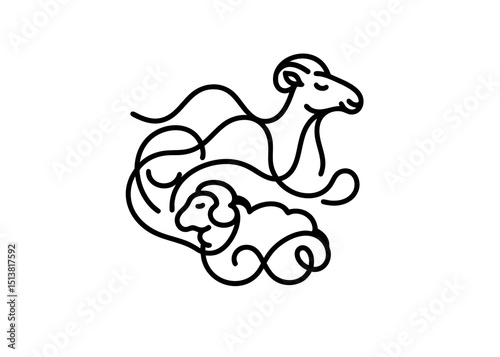 Single line drawing for an abstract design for a sheep and a camel in creative composition for Eid Adha Greeting design vector art