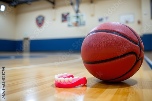 Basketball and Dentures: a unique visual juxtaposition on a polished wooden basketball court with vibrant red tones, The dental prosthetic lies beside the basketball adding a touch of surrealism