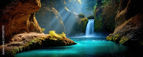 Majestic waterfall cascading into crystal clear pool lush forest nature photography serene environment wide angle view