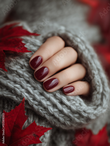 Stylish autumn manicure showcased with cozy sweater and vibrant maple leaves against a warm, seasonal backdrop