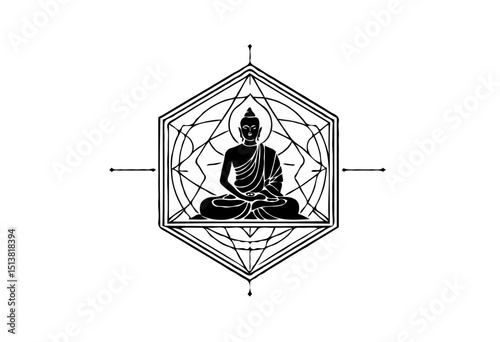 Serene Buddha figure meditating in a lotus pose within an intricate hexagonal geometric frame on a light grey gradient background, with spaces for text.