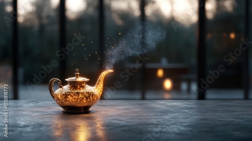 A beautifully designed golden teapot emits sparkling wisps of steam, evoking a sense of magic and wonder, symbolizing potential, dreams, and imaginative journeys.