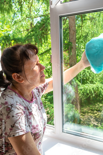 A housewife is washing windows in an apartment on a sunny day.