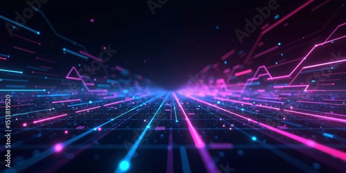 Abstract of digital artificial intelligence glowing neural networks, binary streams, a 3D digital light trails and floating alphanumeric data	
