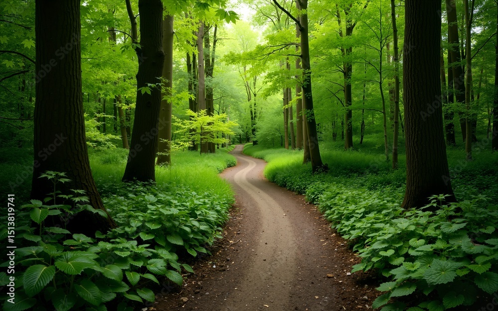 Naklejka premium Winding Forest Path Through Lush Green Woods. High quality