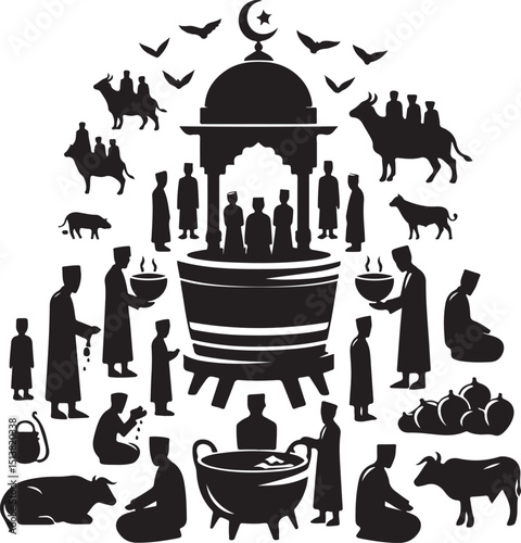"Qurbani Scene Vector Illustration with Mosque, Crescent Moon, and Islamic People in Prayer"