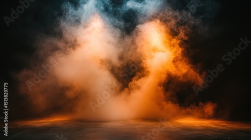 An abstract composition featuring dramatic smoke and light effects creates an intense atmosphere, evoking feelings of mystery and artistic intrigue.