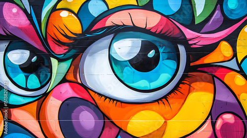 A colorful painting of a woman's eye with a blue iris