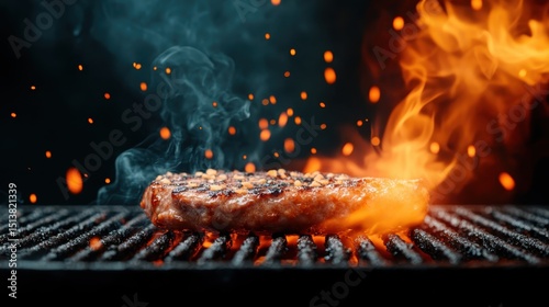 A perfectly grilled steak sits on a barbecue grill, surrounded by smoke and flames, illustrating the art of cooking with vibrant colors and an enticing visual appeal for food lovers.