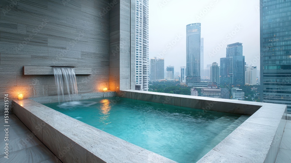 Obraz premium Tub deck waterfall concept. Modern rooftop pool with city skyline backdrop, featuring sleek design and tranquil ambiance.