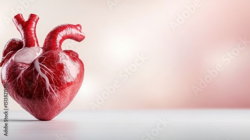 A vivid, detailed model of a human heart, emphasizing its anatomical significance and beauty, representing life, emotion, and the essence of human existence.