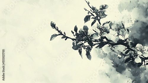 A black and white painting of a branch with leaves