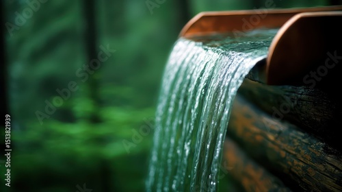 Wallpaper Mural Tub deck waterfall concept. Water flowing over a wooden edge, surrounded by lush greenery in a tranquil forest setting. Torontodigital.ca
