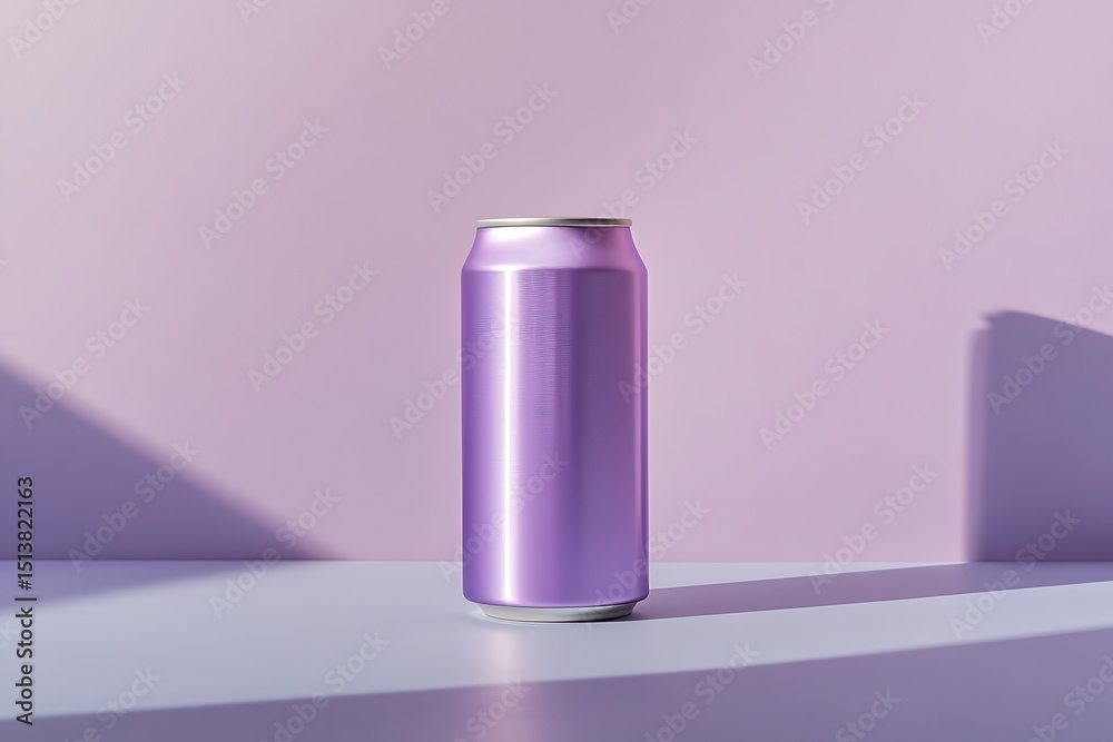 Soft lavender-colored beverage can, minimal and clean, positioned diagonally on a cool-toned tabletop Soft lavender-colored beverage can, minimal and clean, positioned diagonally on a cool-toned tabletop